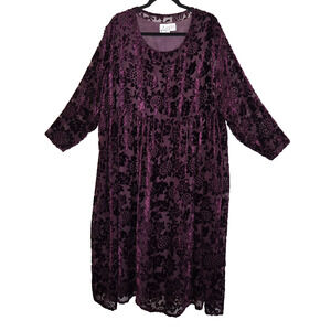 VTG Katy D Deep Purple Babydoll Velour Velvet Burnout Dress PLUS 18/20 Floral